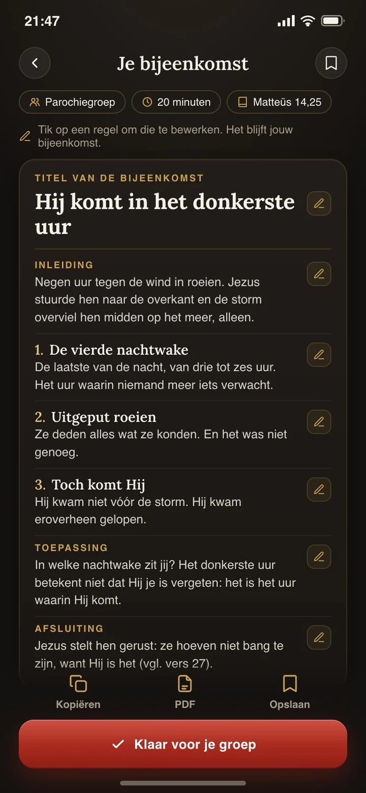 Een complete bijeenkomst: titel, inleiding, drie punten, toepassing en afsluiting