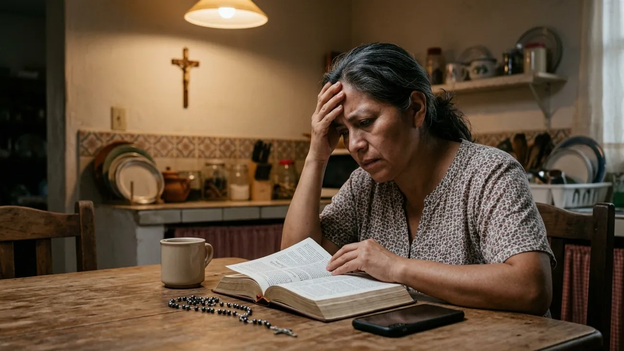 Een vrouw aan de keukentafel leest dezelfde Bijbelpagina opnieuw zonder die te begrijpen